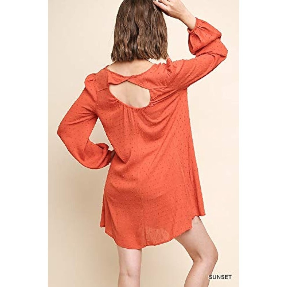 Umgee Embroidered Orange Dress Long Sleeve V Neck Cutout Back Boho Chic Size L - Picture 2 of 9